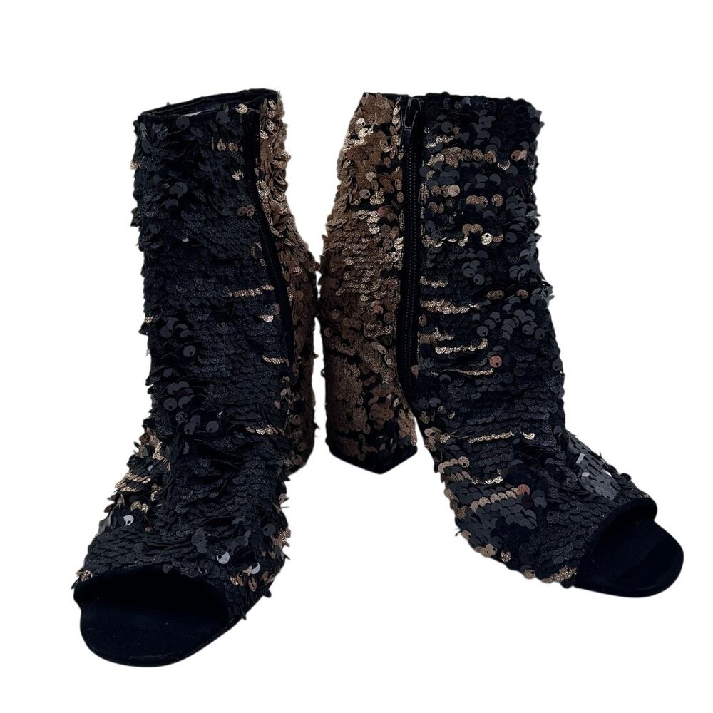 Enzo Angiolini Chic Black and Gold Sequin Heeled Peep Toe Booties Women's 8